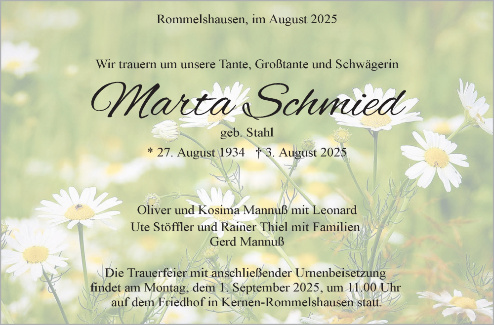  Traueranzeige für Marta Schmied vom 25.08.2025 aus Stuttgarter Zeitung / Stuttgarter Nachrichten