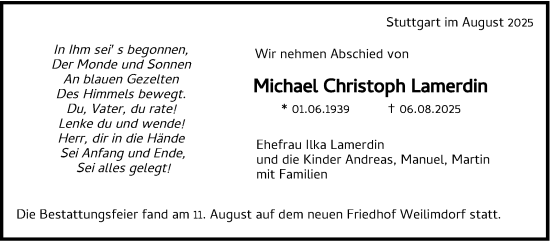 Traueranzeige von Michael Christoph Lamerdin von Stuttgarter Zeitung / Stuttgarter Nachrichten