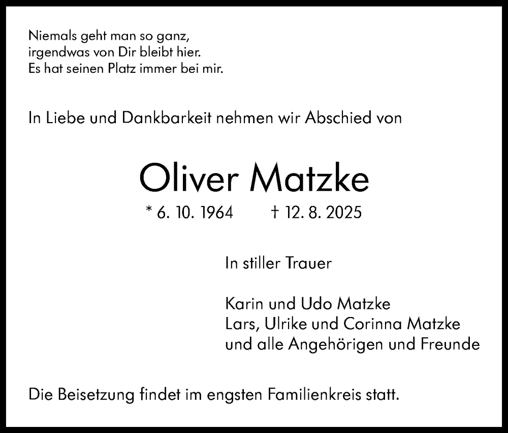  Traueranzeige für Oliver Matzke vom 23.08.2025 aus Stuttgarter Zeitung / Stuttgarter Nachrichten
