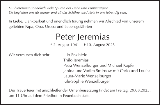 Traueranzeige von Peter Jeremias von Stuttgarter Zeitung / Stuttgarter Nachrichten