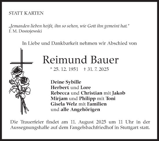 Traueranzeige von Reimund Bauer von Stuttgarter Zeitung / Stuttgarter Nachrichten