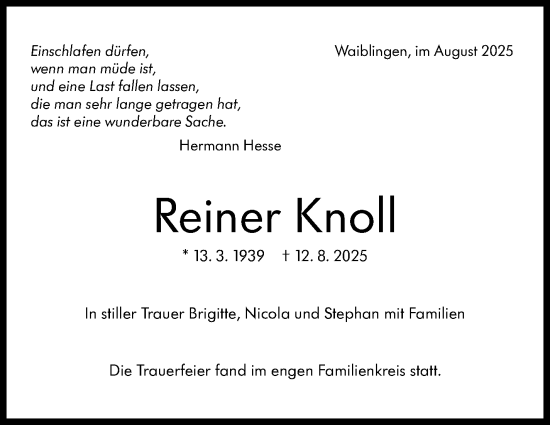 Traueranzeige von Reiner Knoll von Stuttgarter Zeitung / Stuttgarter Nachrichten