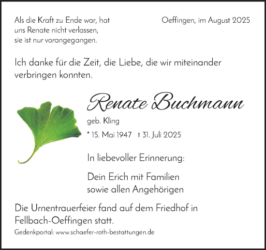 Traueranzeige von Renate Buchmann von Stuttgarter Zeitung / Stuttgarter Nachrichten