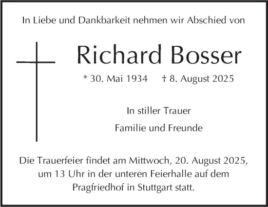 Traueranzeige von Richard Bosser von Stuttgarter Zeitung / Stuttgarter Nachrichten