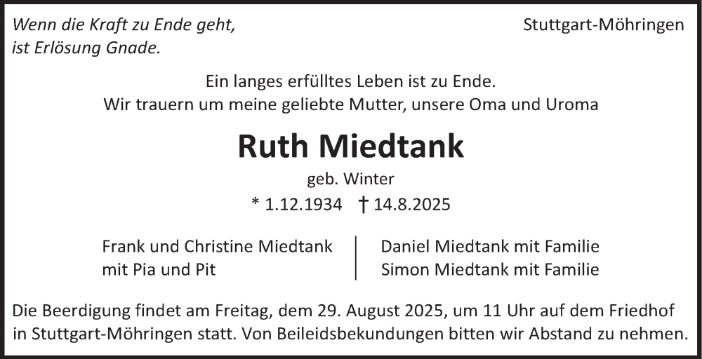  Traueranzeige für Ruth Miedtank vom 23.08.2025 aus Stuttgarter Zeitung / Stuttgarter Nachrichten