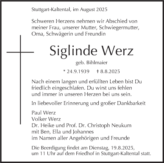 Traueranzeige von Siglinde Werz von Stuttgarter Zeitung / Stuttgarter Nachrichten