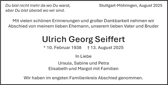 Traueranzeige von Ulrich Georg Seiffert von Stuttgarter Zeitung / Stuttgarter Nachrichten