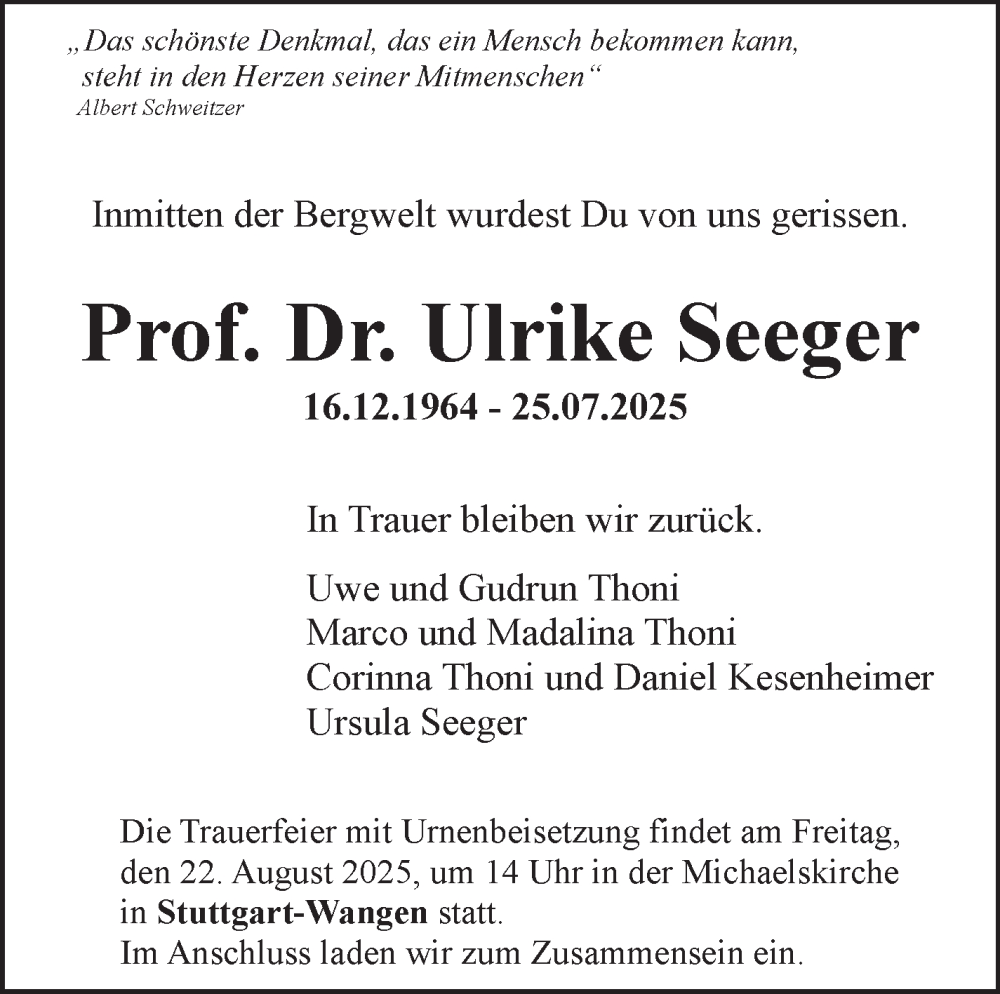  Traueranzeige für Ulrike Seeger vom 16.08.2025 aus Stuttgarter Zeitung / Stuttgarter Nachrichten