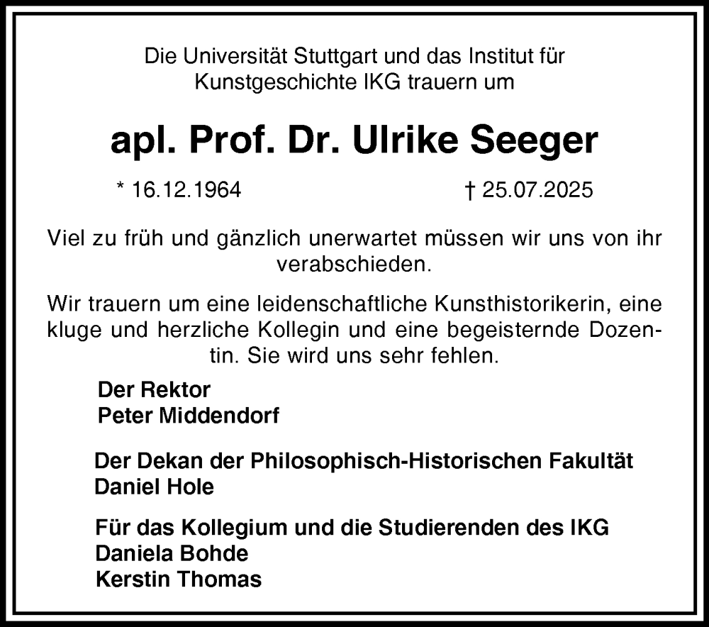  Traueranzeige für Ulrike Seeger vom 18.08.2025 aus Stuttgarter Zeitung / Stuttgarter Nachrichten
