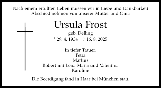 Traueranzeige von Ursula Frost von Stuttgarter Zeitung / Stuttgarter Nachrichten