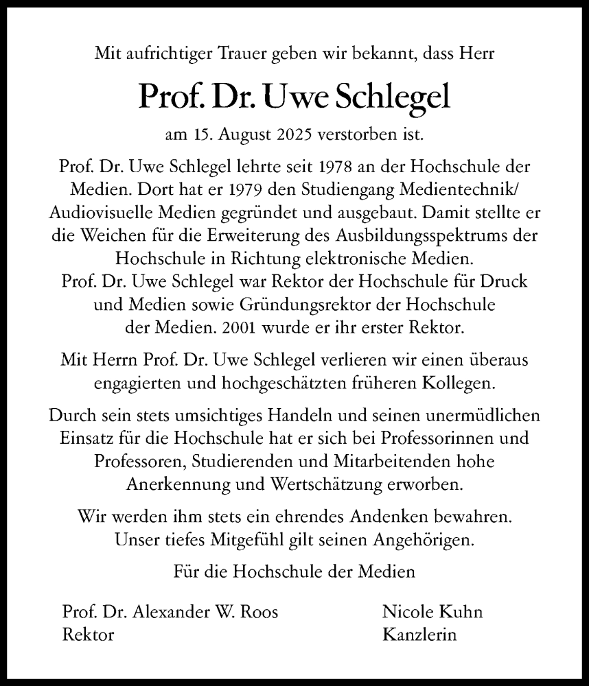  Traueranzeige für Uwe Schlegel vom 22.08.2025 aus Stuttgarter Zeitung / Stuttgarter Nachrichten