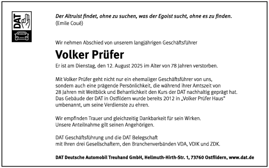 Traueranzeige von Volker Prüfer von Stuttgarter Zeitung / Stuttgarter Nachrichten