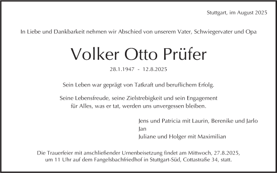 Traueranzeige von Volker Otto Prüfer von Stuttgarter Zeitung / Stuttgarter Nachrichten