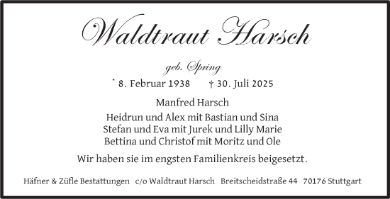 Traueranzeige von Waldtraut Harsch von Stuttgarter Zeitung / Stuttgarter Nachrichten