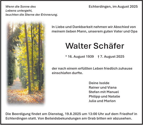 Traueranzeige von Walter Schäfer von Stuttgarter Zeitung / Stuttgarter Nachrichten