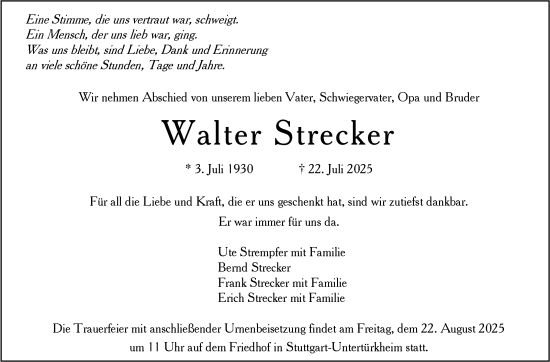 Traueranzeige von Walter Strecker von Stuttgarter Zeitung / Stuttgarter Nachrichten