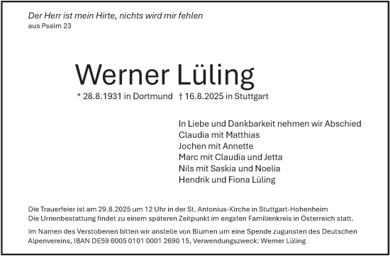 Traueranzeige von Werner Lüling von Stuttgarter Zeitung / Stuttgarter Nachrichten