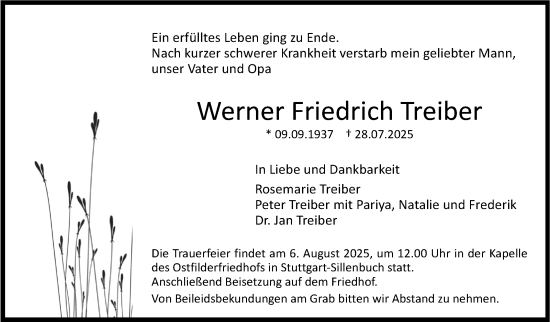 Traueranzeige von Werner Friedrich Treiber von Stuttgarter Zeitung / Stuttgarter Nachrichten