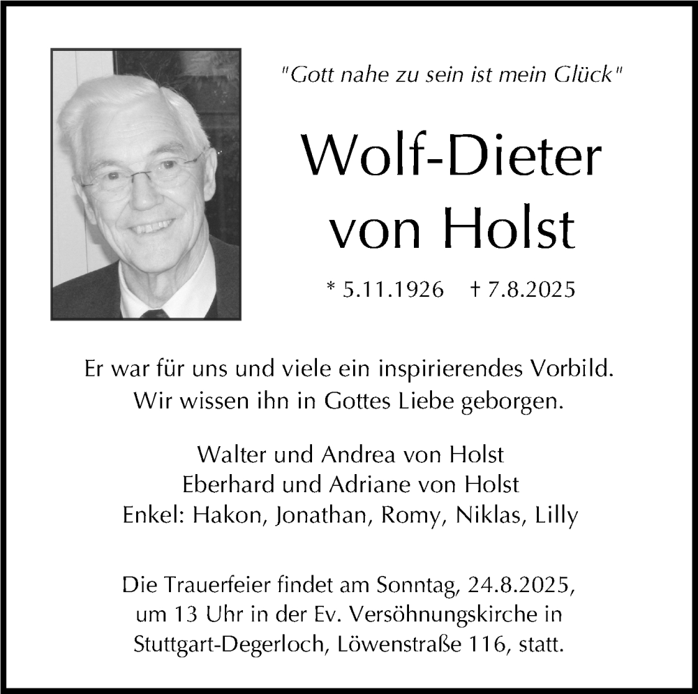  Traueranzeige für Wolf-Dieter von Holst vom 16.08.2025 aus Stuttgarter Zeitung / Stuttgarter Nachrichten