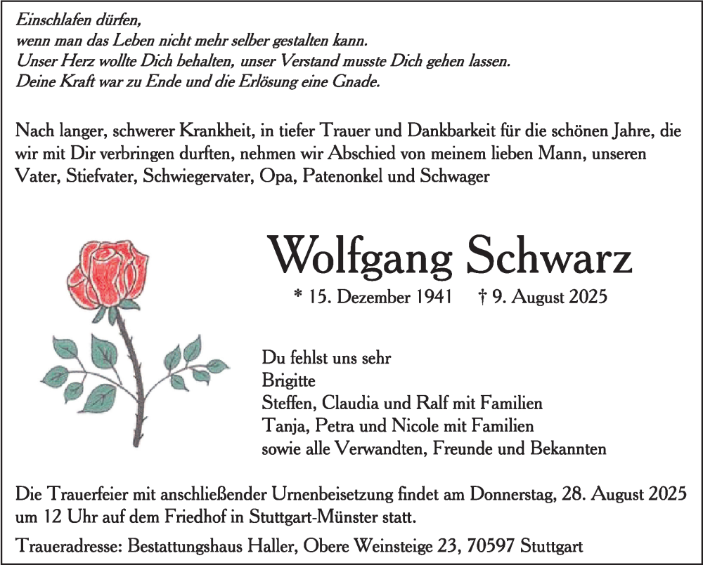  Traueranzeige für Wolfgang Schwarz vom 23.08.2025 aus Stuttgarter Zeitung / Stuttgarter Nachrichten