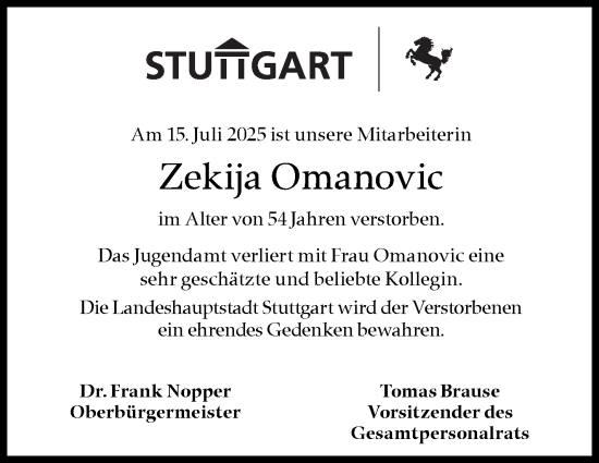Traueranzeige von Zekija Omanovic von Stuttgarter Zeitung / Stuttgarter Nachrichten