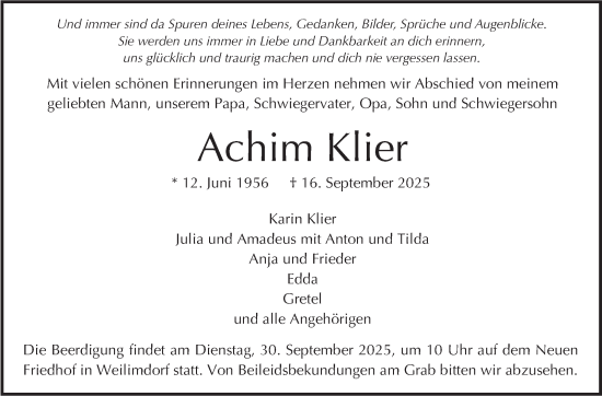 Traueranzeige von Achim Klier von Stuttgarter Zeitung / Stuttgarter Nachrichten