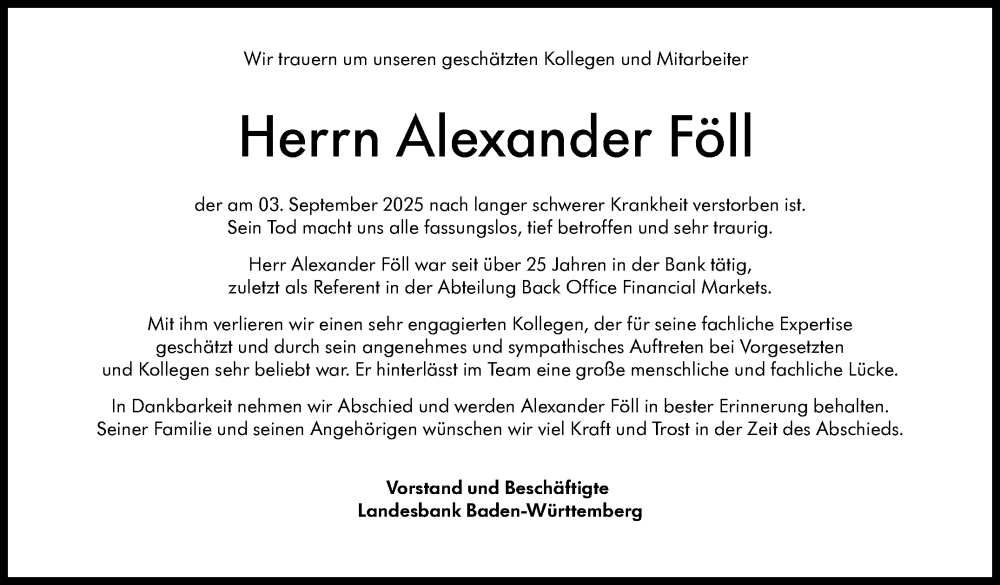  Traueranzeige für Alexander Föll vom 15.09.2025 aus Stuttgarter Zeitung / Stuttgarter Nachrichten