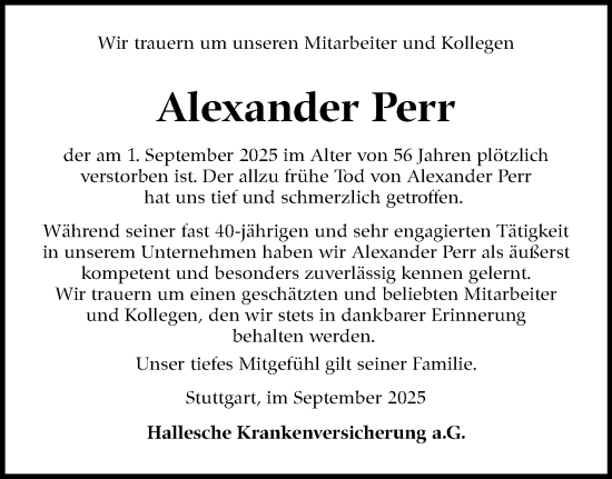Traueranzeige von Alexander Perr von Stuttgarter Zeitung / Stuttgarter Nachrichten