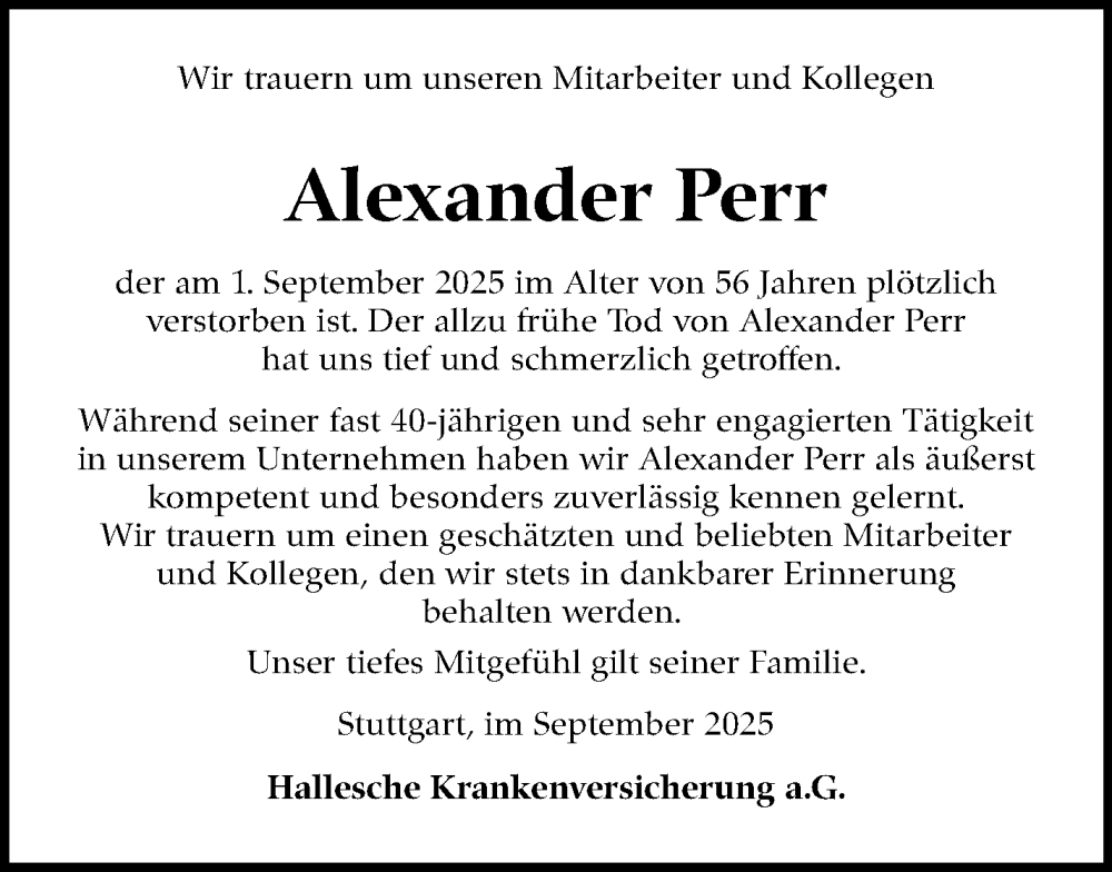  Traueranzeige für Alexander Perr vom 13.09.2025 aus Stuttgarter Zeitung / Stuttgarter Nachrichten