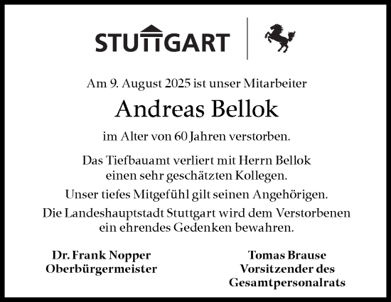 Traueranzeige von Andreas Bellok von Stuttgarter Zeitung / Stuttgarter Nachrichten