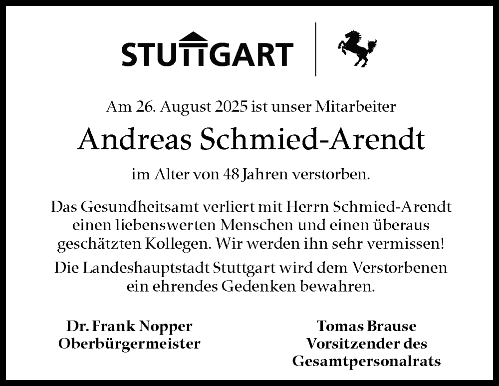  Traueranzeige für Andreas Schmied-Arendt vom 12.09.2025 aus Stuttgarter Zeitung / Stuttgarter Nachrichten