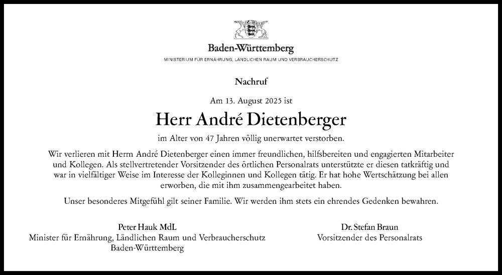  Traueranzeige für André  Dietenberger vom 04.09.2025 aus Stuttgarter Zeitung / Stuttgarter Nachrichten