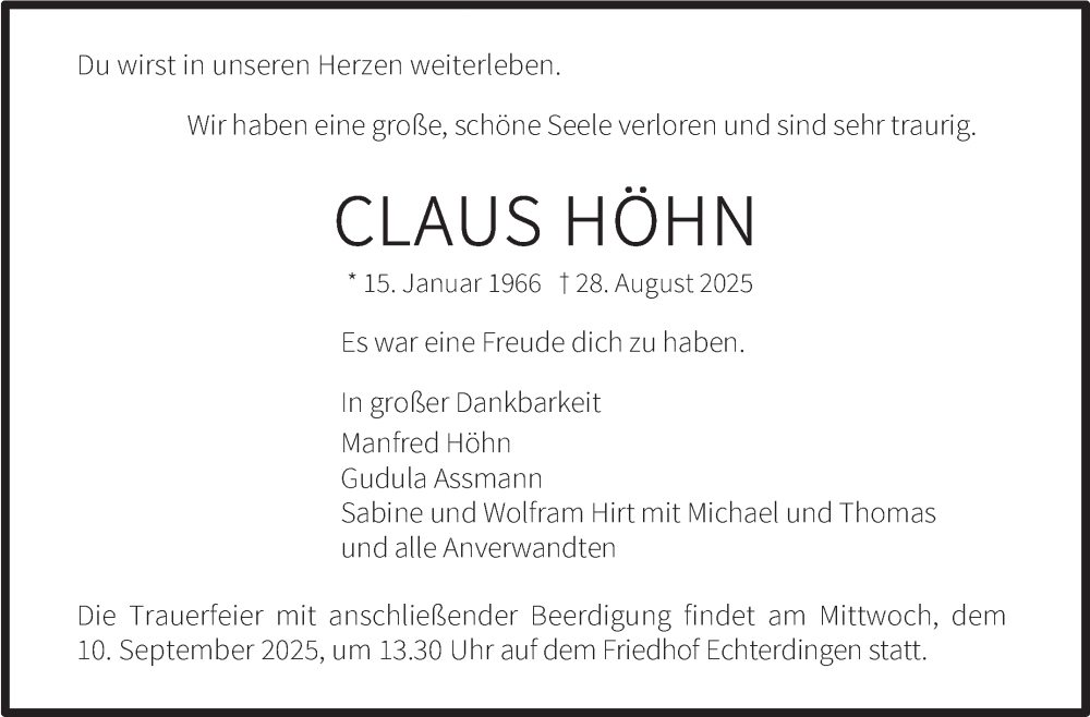  Traueranzeige für Claus Höhn vom 06.09.2025 aus Stuttgarter Zeitung / Stuttgarter Nachrichten