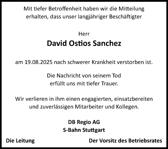 Traueranzeige von David Ostios Sanchez von Stuttgarter Zeitung / Stuttgarter Nachrichten