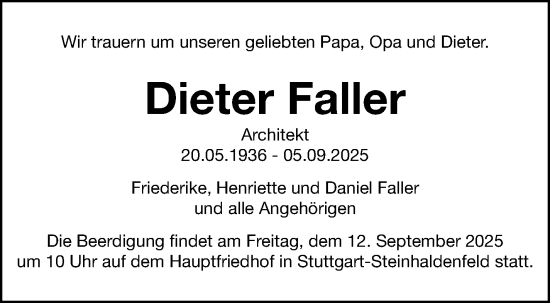 Traueranzeige von Dieter Faller von Stuttgarter Zeitung / Stuttgarter Nachrichten