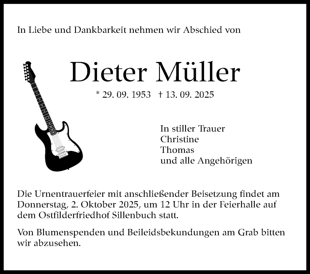  Traueranzeige für Dieter Müller vom 25.09.2025 aus Stuttgarter Zeitung / Stuttgarter Nachrichten