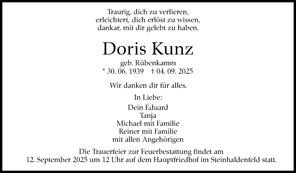  Traueranzeige für Doris Kunz vom 11.09.2025 aus Stuttgarter Zeitung / Stuttgarter Nachrichten