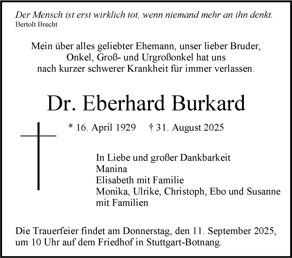  Traueranzeige für Eberhard Burkard vom 06.09.2025 aus Stuttgarter Zeitung / Stuttgarter Nachrichten