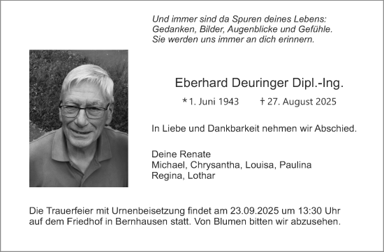 Traueranzeige von Eberhard Deuringer von Stuttgarter Zeitung / Stuttgarter Nachrichten