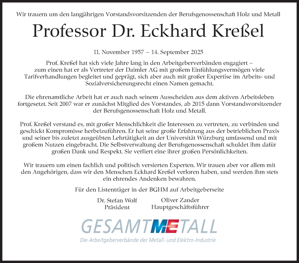  Traueranzeige für Eckhard Kreßel vom 20.09.2025 aus Stuttgarter Zeitung / Stuttgarter Nachrichten