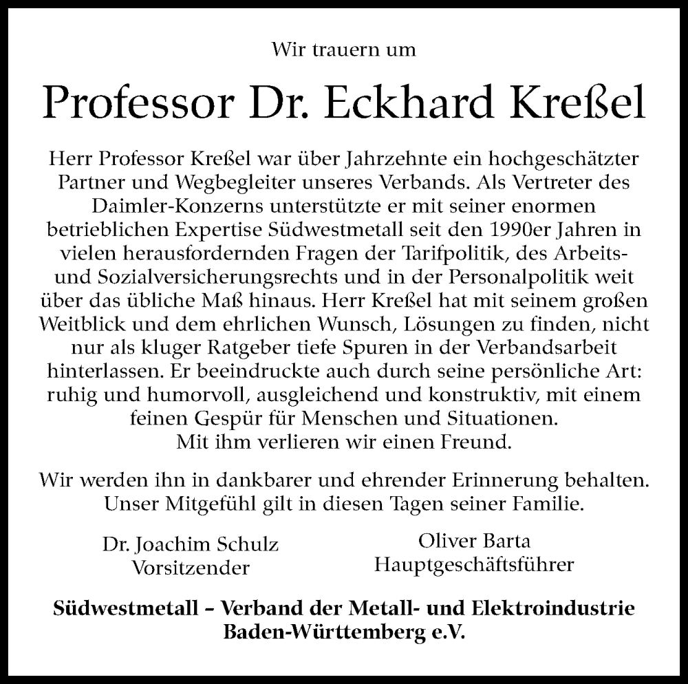  Traueranzeige für Eckhard Kreßel vom 20.09.2025 aus Stuttgarter Zeitung / Stuttgarter Nachrichten