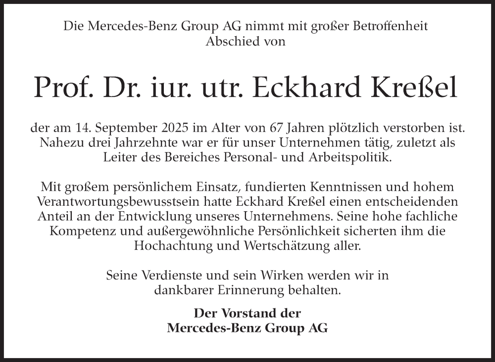  Traueranzeige für Eckhard Kreßel vom 20.09.2025 aus Stuttgarter Zeitung / Stuttgarter Nachrichten