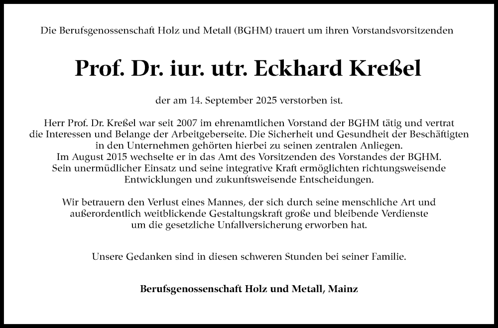  Traueranzeige für Eckhard Kreßel vom 20.09.2025 aus Stuttgarter Zeitung / Stuttgarter Nachrichten