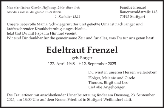 Traueranzeige von Edeltraut Frenzel von Stuttgarter Zeitung / Stuttgarter Nachrichten