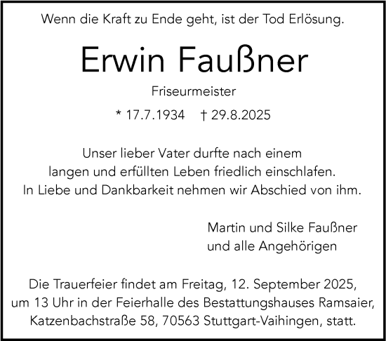 Traueranzeige von Erwin Faußner von Stuttgarter Zeitung / Stuttgarter Nachrichten
