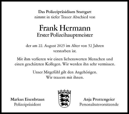 Traueranzeige von Frank Hermann von Stuttgarter Zeitung / Stuttgarter Nachrichten