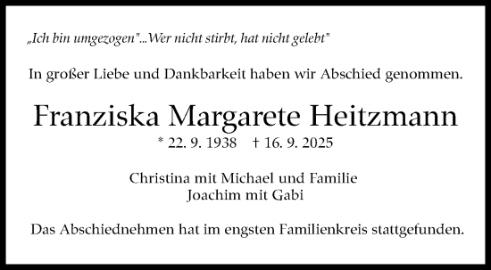 Traueranzeige von Franziska Margarete Heitzmann von Stuttgarter Zeitung / Stuttgarter Nachrichten