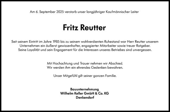 Traueranzeige von Fritz Reutter von Stuttgarter Zeitung / Stuttgarter Nachrichten