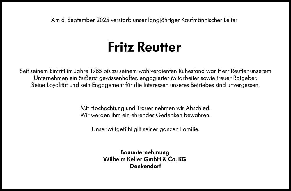  Traueranzeige für Fritz Reutter vom 18.09.2025 aus Stuttgarter Zeitung / Stuttgarter Nachrichten