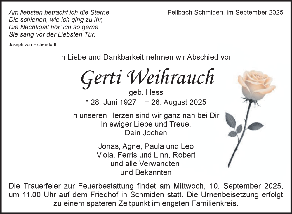  Traueranzeige für Gerti Weihrauch vom 08.09.2025 aus Stuttgarter Zeitung / Stuttgarter Nachrichten